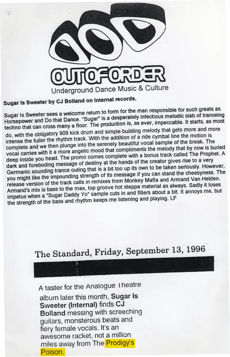 Sugar Is Sweeter — Out of Order / The Standard · 13 September 1996