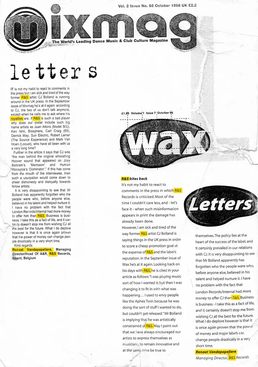 Letters — Renaat Vandepapeliere, R&S Records — Mixmag · Vol. 2 No. 65, October 1996