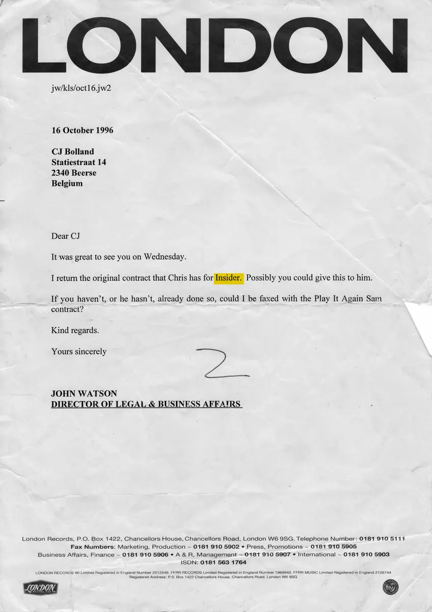 Letter returning the original Insider contract — London Records · 16 October 1996